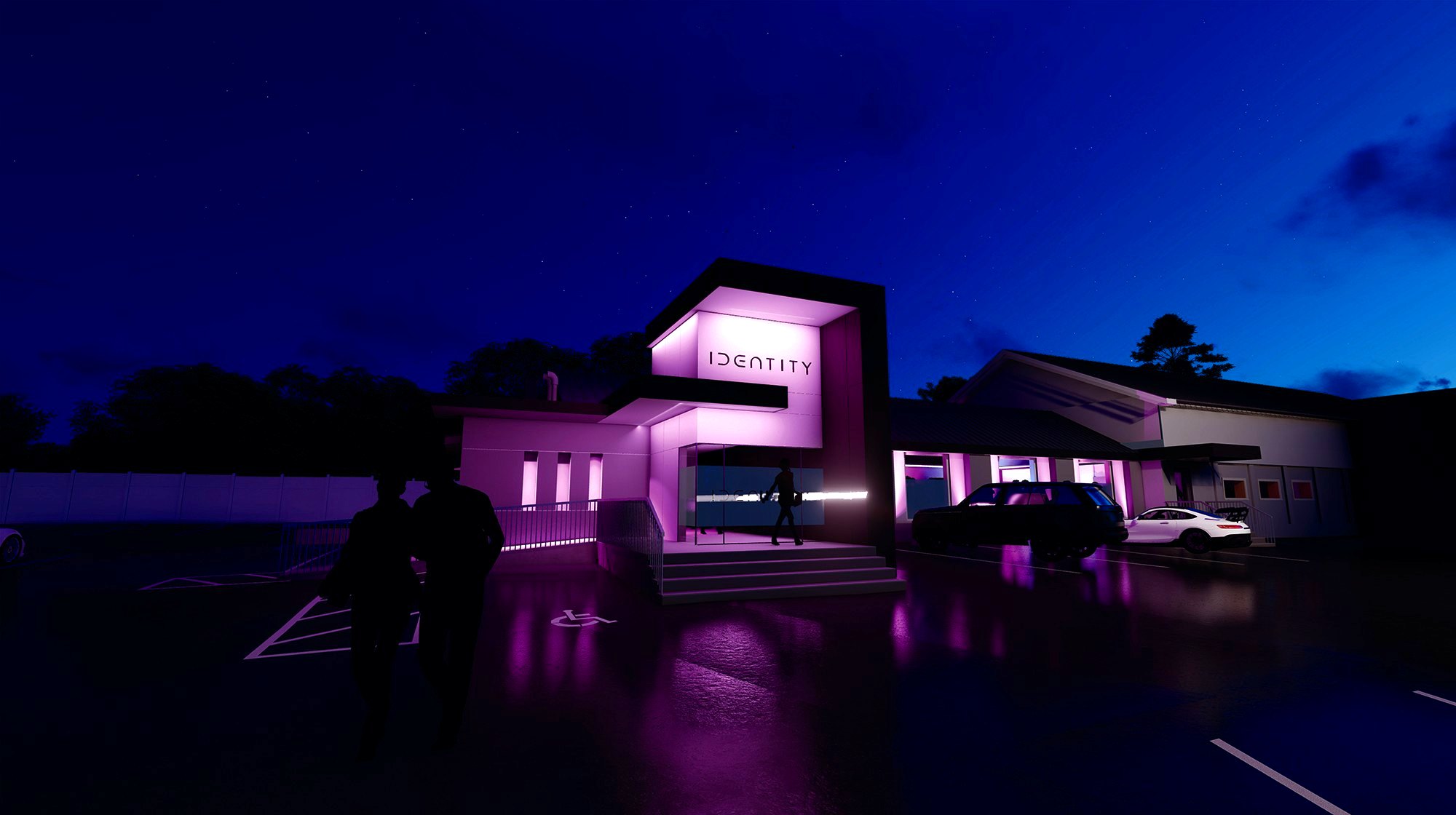 Identity cocktail lounge entrance glowing purple at night