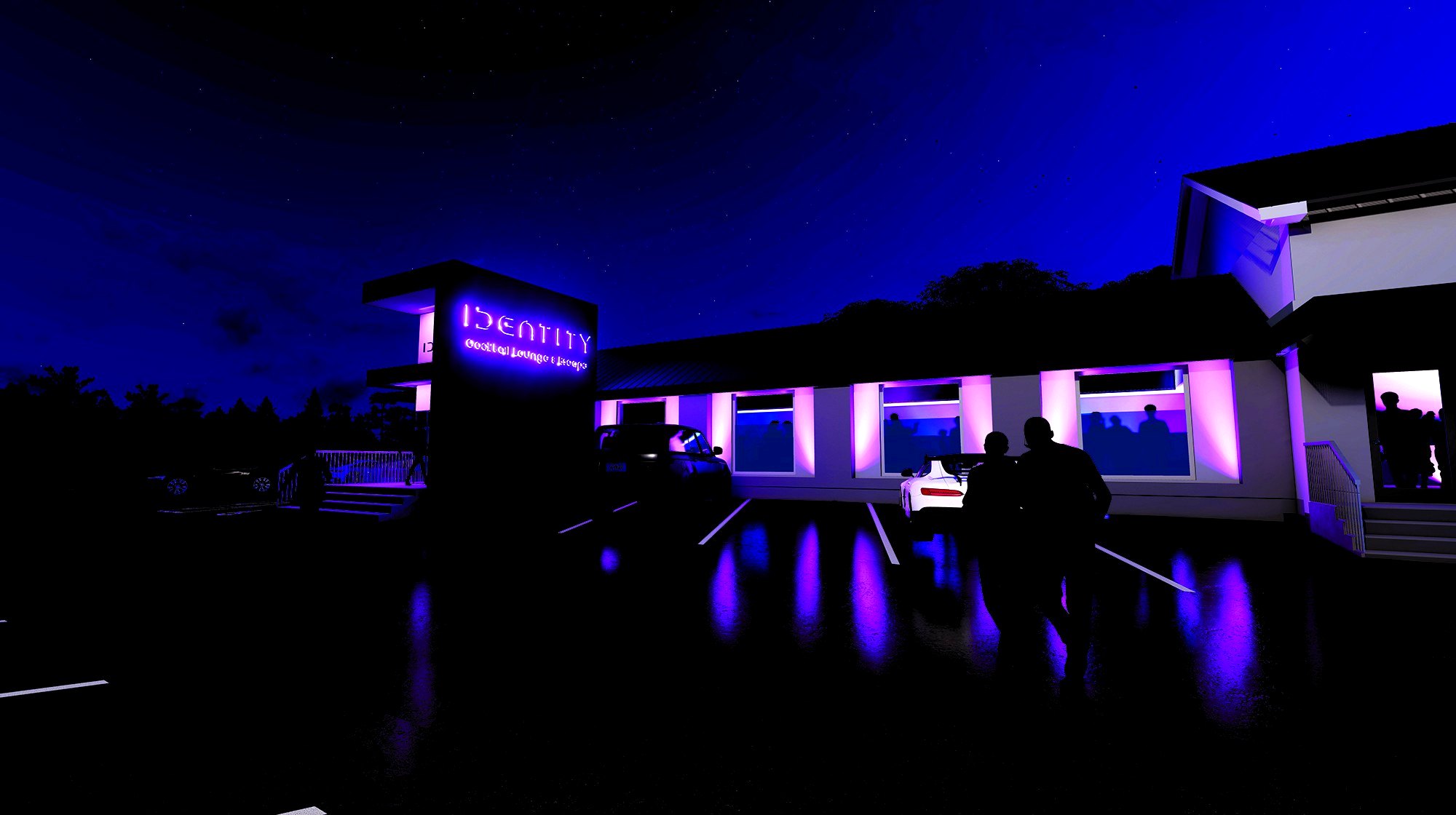 The glowing IDENTITY Cocktail Lounge & Escape sign at night